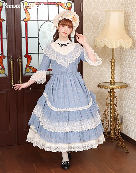 Innocent World サックス×ネイビー ストライプ ハイネックドレス Standing Collar Stripe OP by Innocent World
