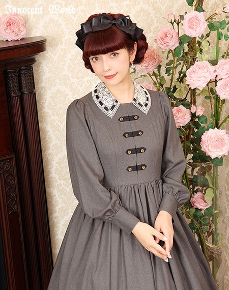 Innocent World レース襟 長袖ワンピース ブラウン レース衿ナポレオンワンピース | Innocent World