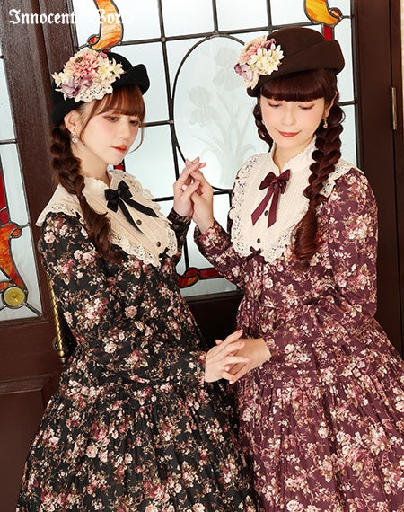 ロココ調スタンドカラー薔薇柄ワンピース