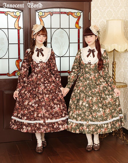 ロココ調スタンドカラー薔薇柄ワンピース