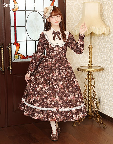 ロココ調スタンドカラー薔薇柄ワンピース