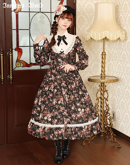 ロココ調スタンドカラー薔薇柄ワンピース