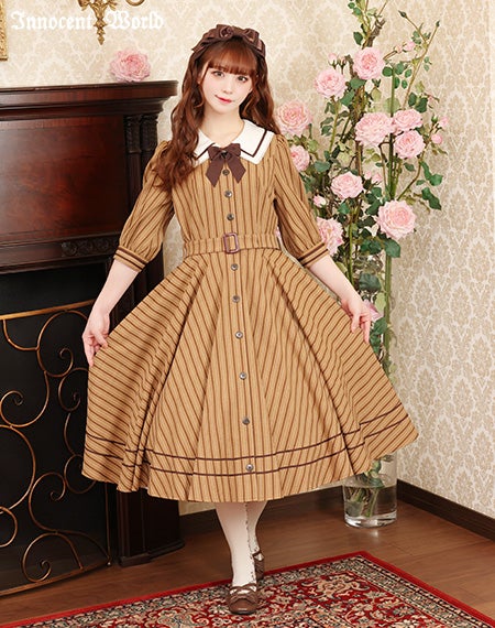 Innocent Worldイノセントワールド ストライプノースリーブワンピース 英国調ストライプワンピース【サンプル品】 | Innocent World
