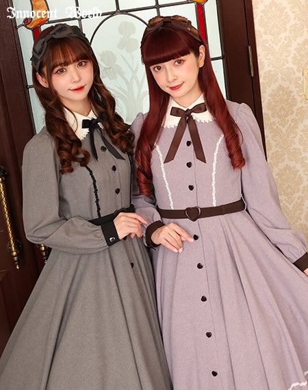 ハートボタン長袖ワンピース