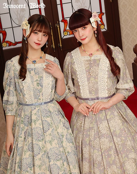 Innocent World イノセントワールドパープルワンピース 長袖 優しいお色のあじさいワンピース | Innocent World